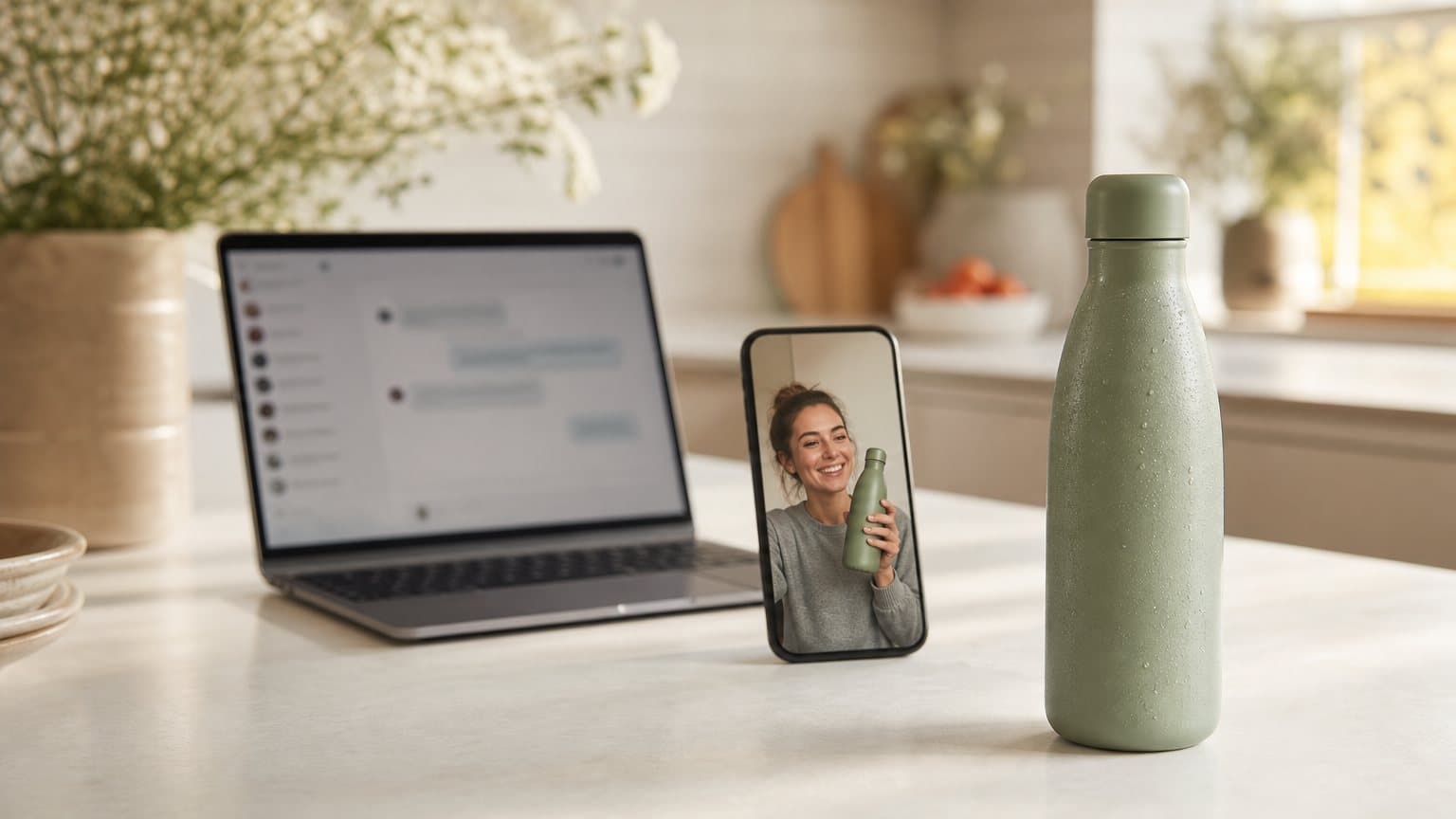 A generated photo of a kitchen counter: a laptop showing a blurred chat, a phone playing a vertical selfie video of a woman holding a sage-green bottle, and the same bottle in the foreground