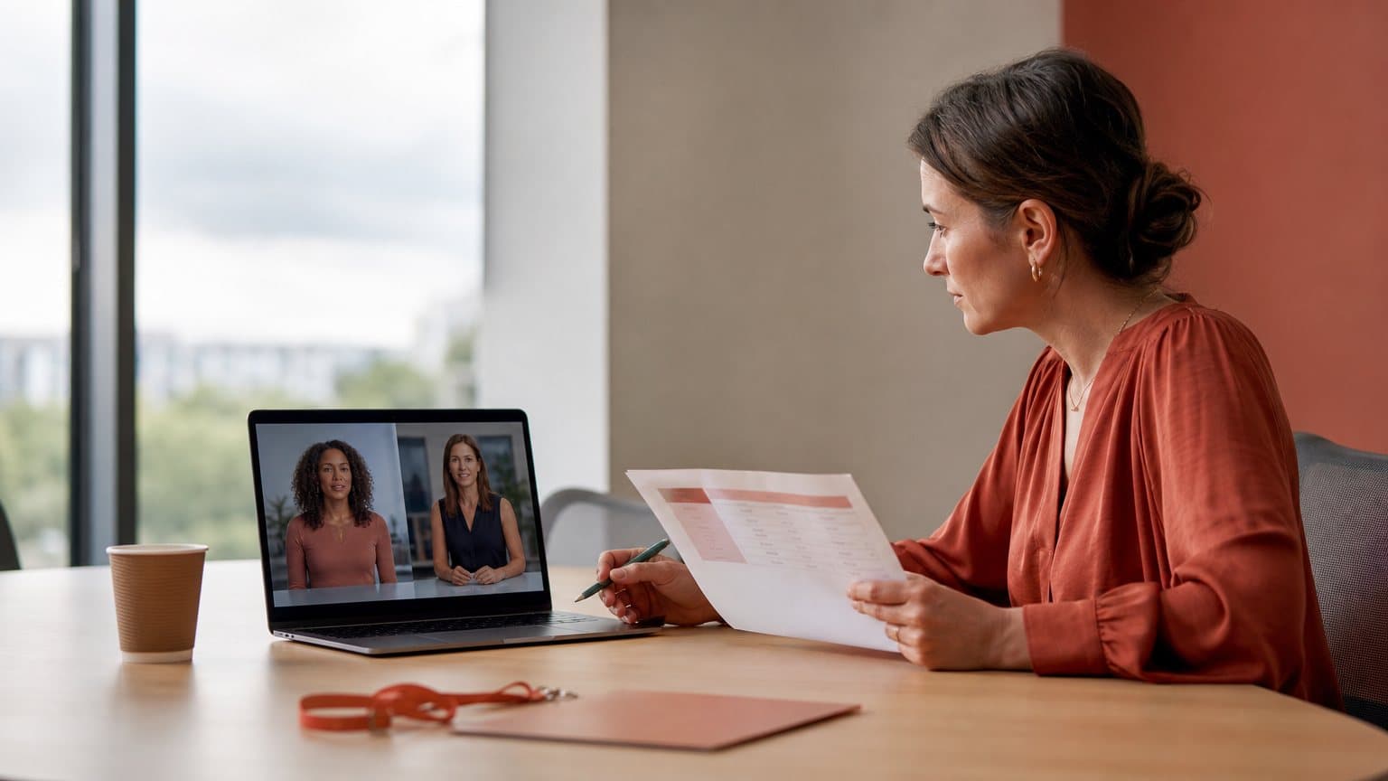 A training manager compares two AI presenter videos on a laptop beside a printed pricing sheet