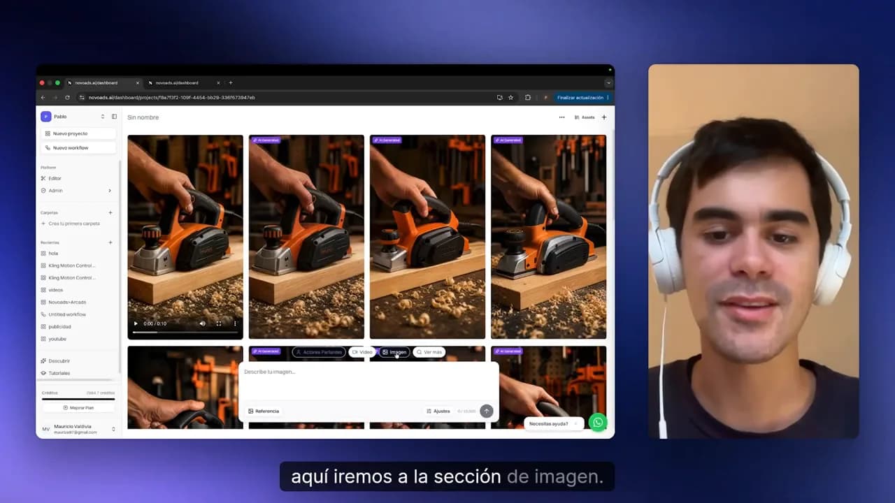 Interfaz de Novoads mostrando la sección para ingresar prompt de imagen
