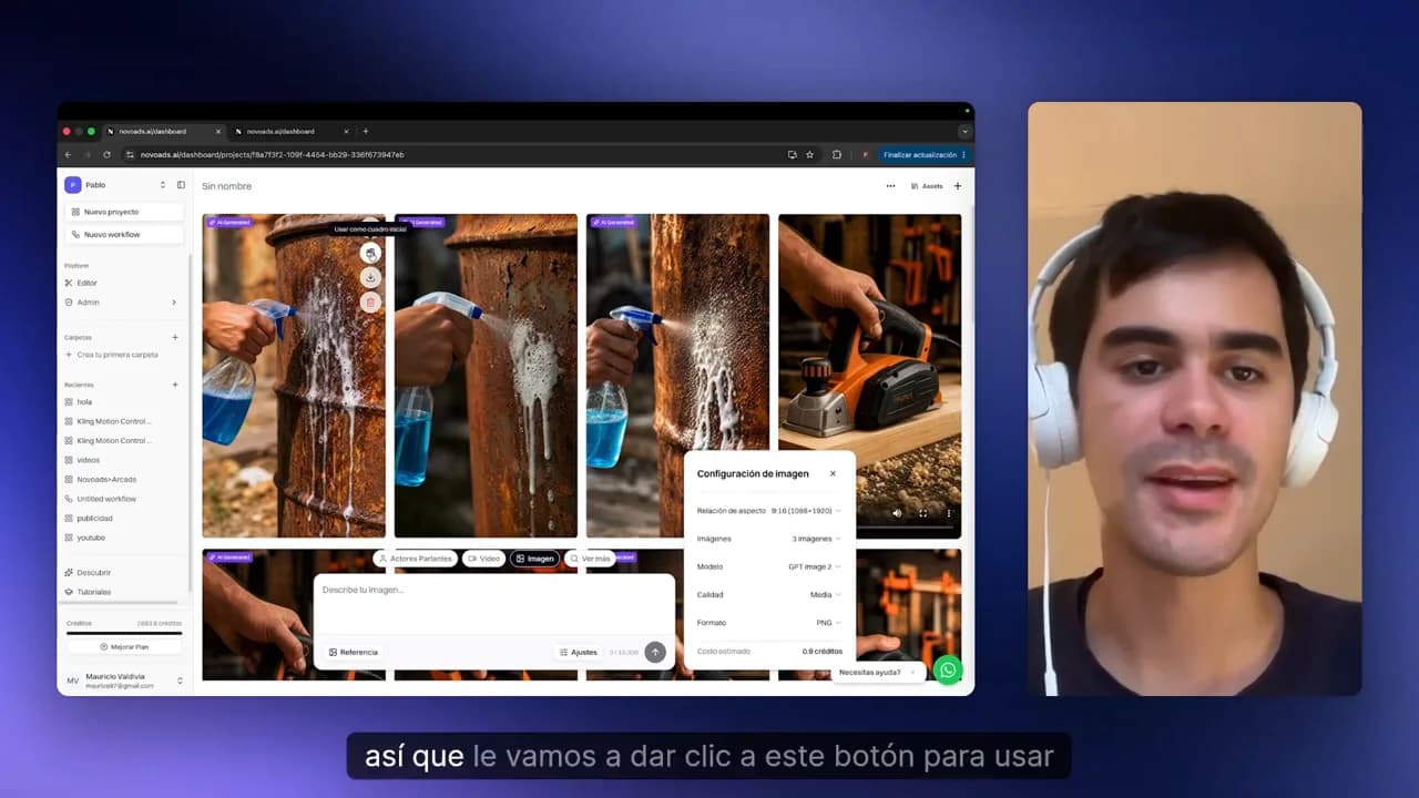 Galería de imágenes generadas con opción para usar una como cuadro inicial