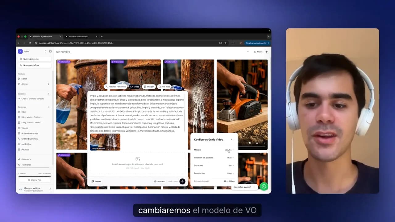 Configuración de video con prompt pegado y modelo Kling 3.0 seleccionado