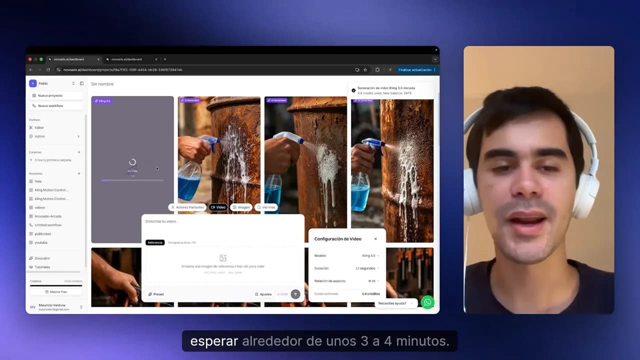 Progreso de generación de video en Novoads con barra de carga