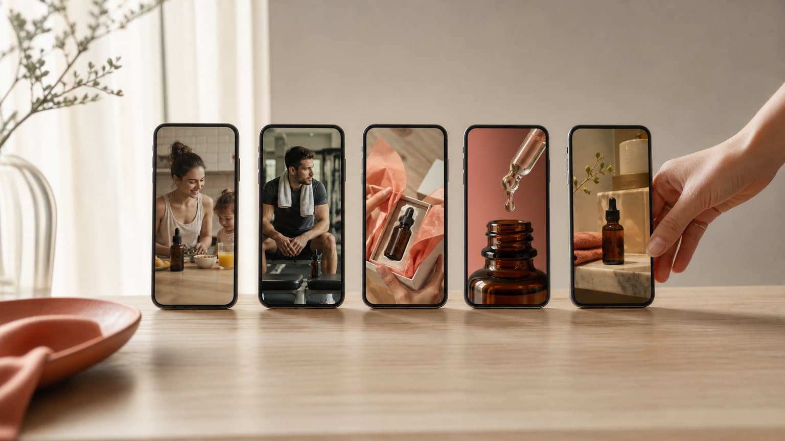 Five smartphones in a row on an oak table, each showing the same serum bottle in a completely different ad scene