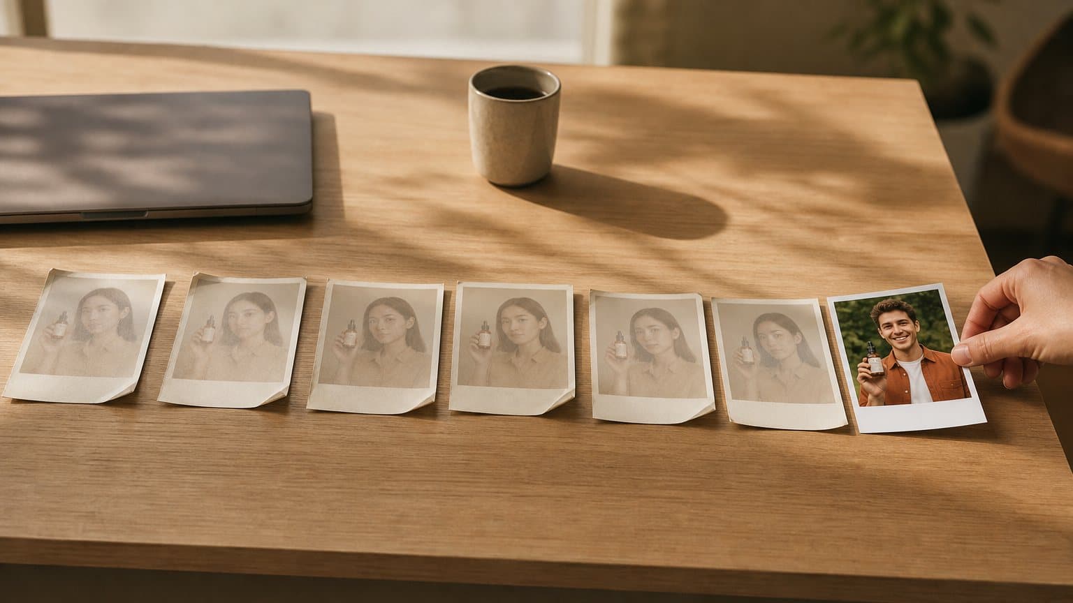 A row of identical, faded printed stills of one creator holding a skincare bottle, with a hand adding a vivid new photo of a different person at the end