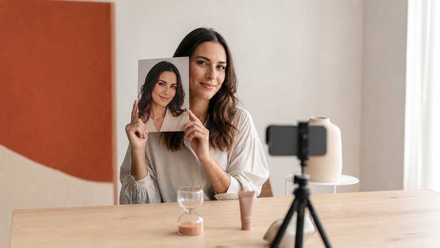A founder holding a printed headshot of herself beside a phone on a small tripod, with a small sand timer on the desk