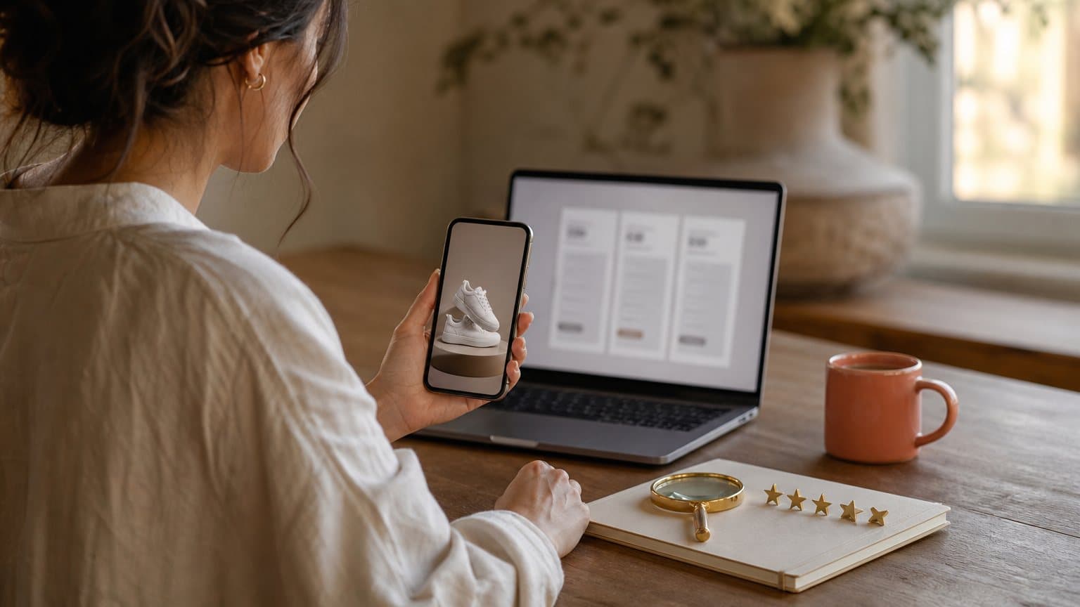A generated photograph of a woman at a wooden table by a window, holding a phone that shows a pair of white sneakers on a pedestal, with a laptop of three blurred plan cards behind it and a brass magnifying glass beside five small brass stars on a notebook