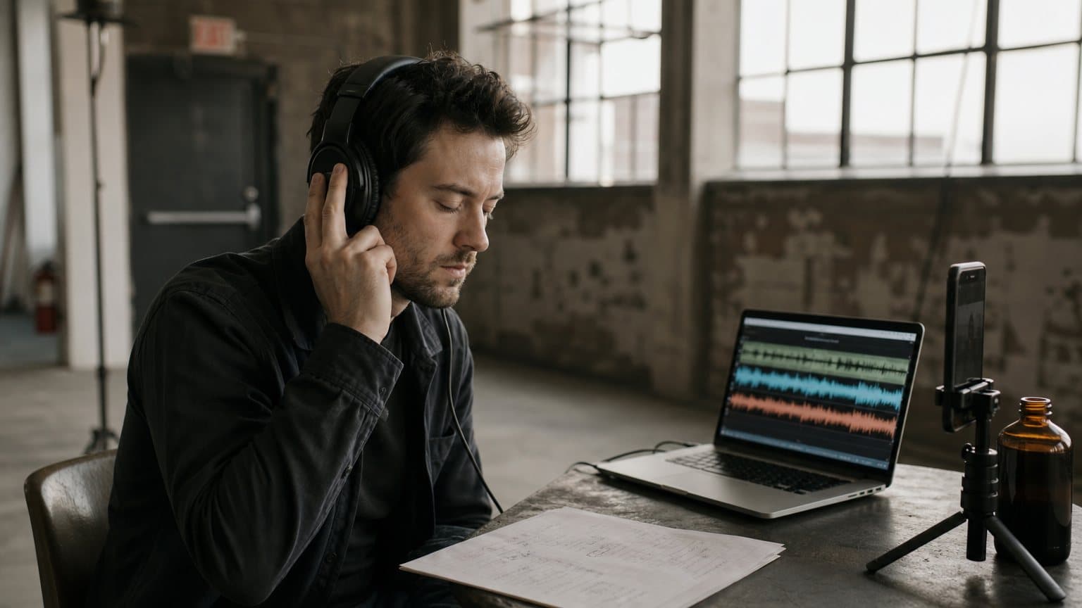 An ad producer in studio headphones listens to voiceover takes beside a marked-up printed script, a laptop showing three audio waveforms and an amber bottle