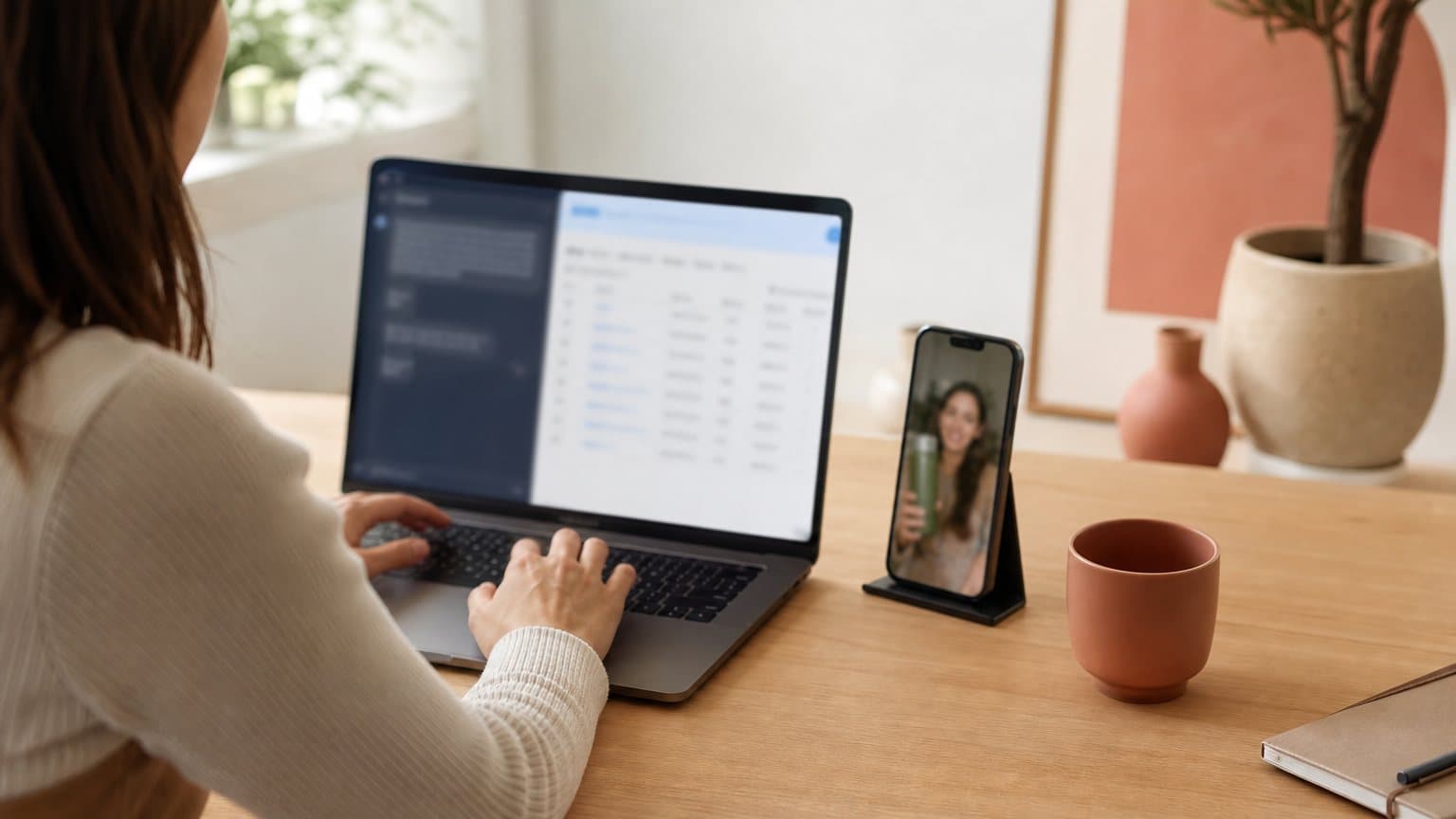 A media buyer types instructions to an AI assistant on a laptop showing a paused ad campaign, while a phone beside it plays the vertical ad that campaign will run