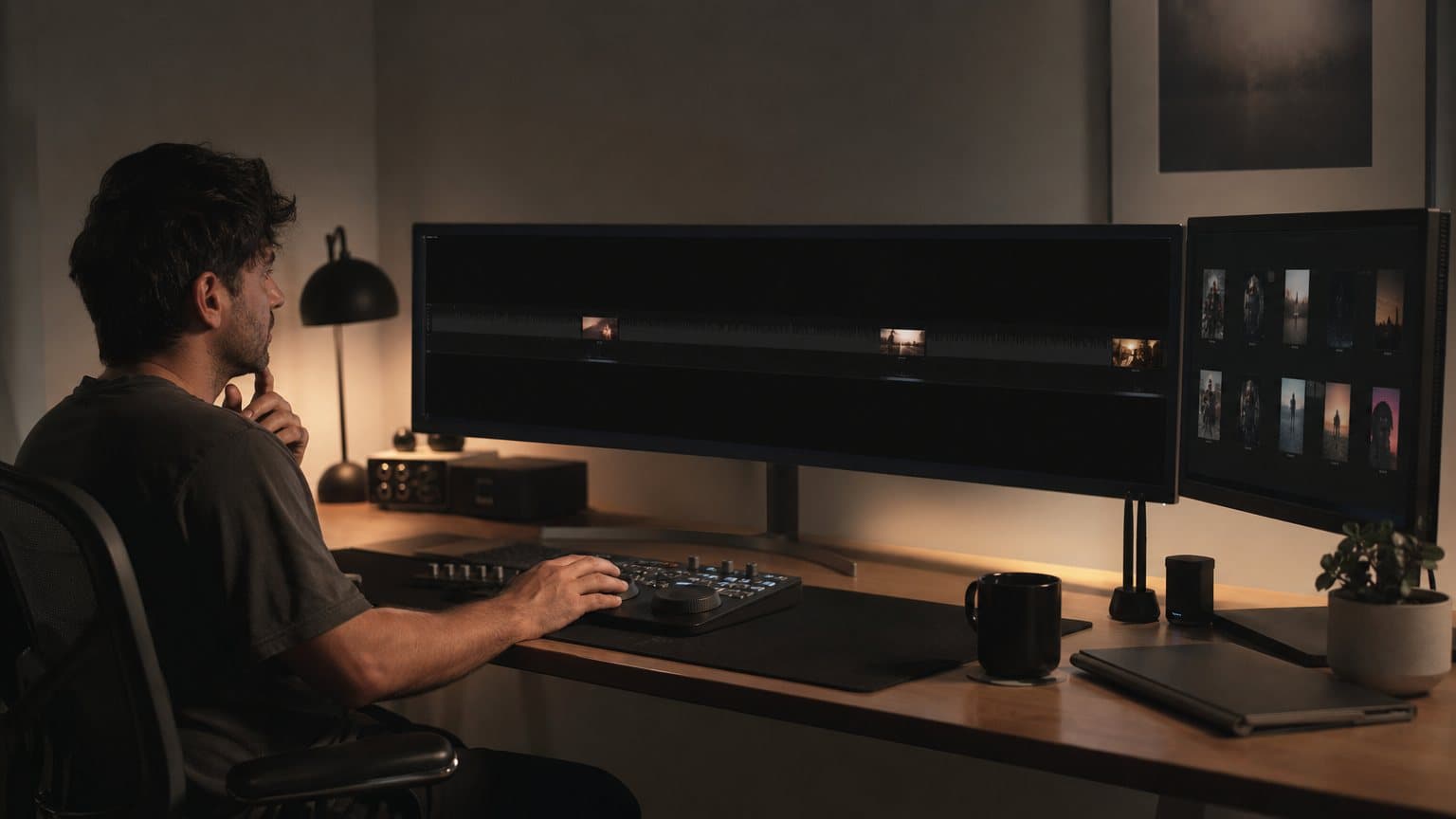 A marketer at a dim edit desk scrubbing a long video timeline on a wide monitor, only a few segments lit