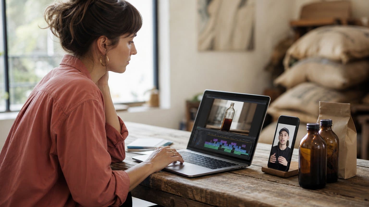 A coffee brand marketer compares a presenter video on a phone with a product edit on a laptop