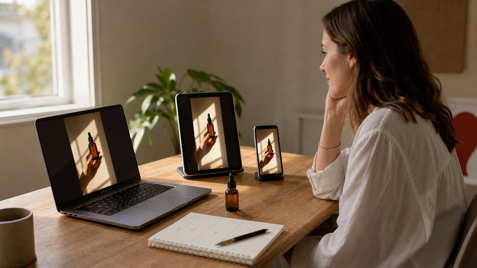 A marketer comparing the same vertical product video playing on a laptop, a tablet and a phone