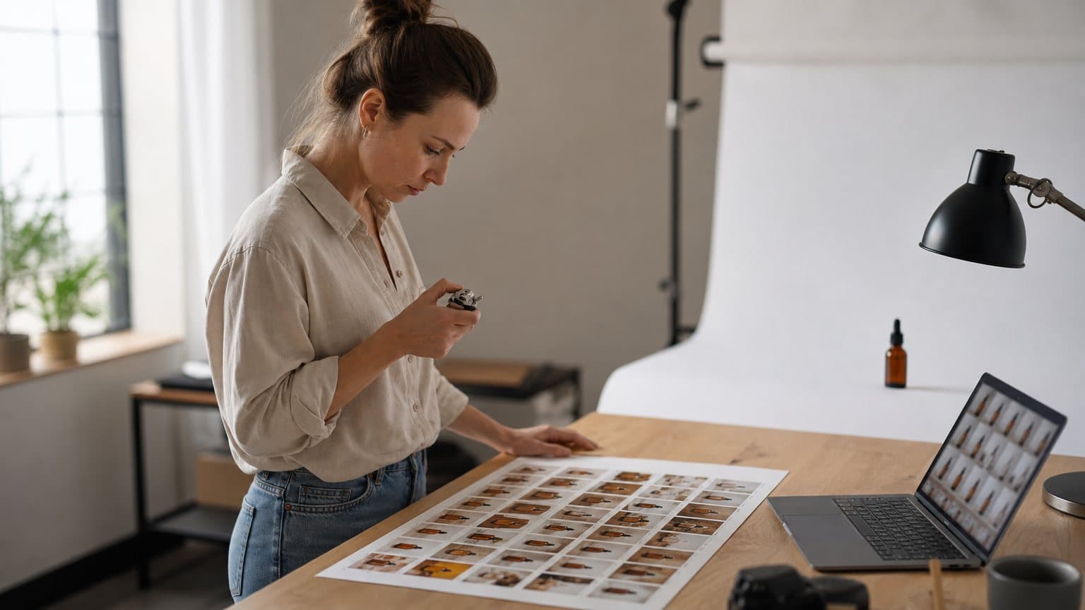 A studio assistant clicking a hand tally counter while reviewing a contact sheet of product photos of one amber serum bottle