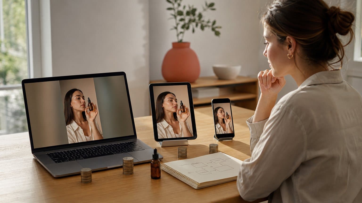 A marketer at a wooden desk comparing the same vertical skincare video ad playing on a laptop, a tablet and a phone