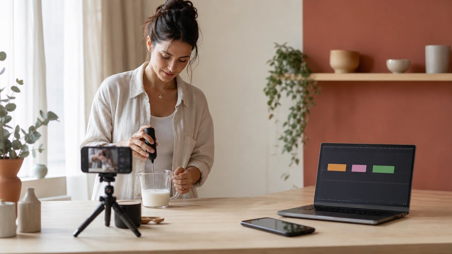 A founder filming a hands-on product demo with a phone on a small tripod, a laptop beside her showing an edit timeline split into three clips