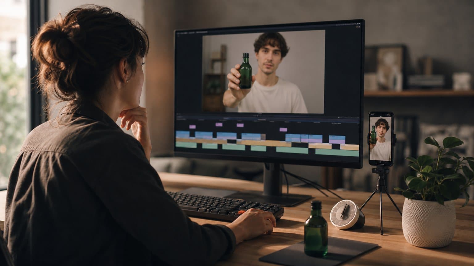 A video editor cutting the same product ad as a horizontal version on a monitor and a vertical version on a phone