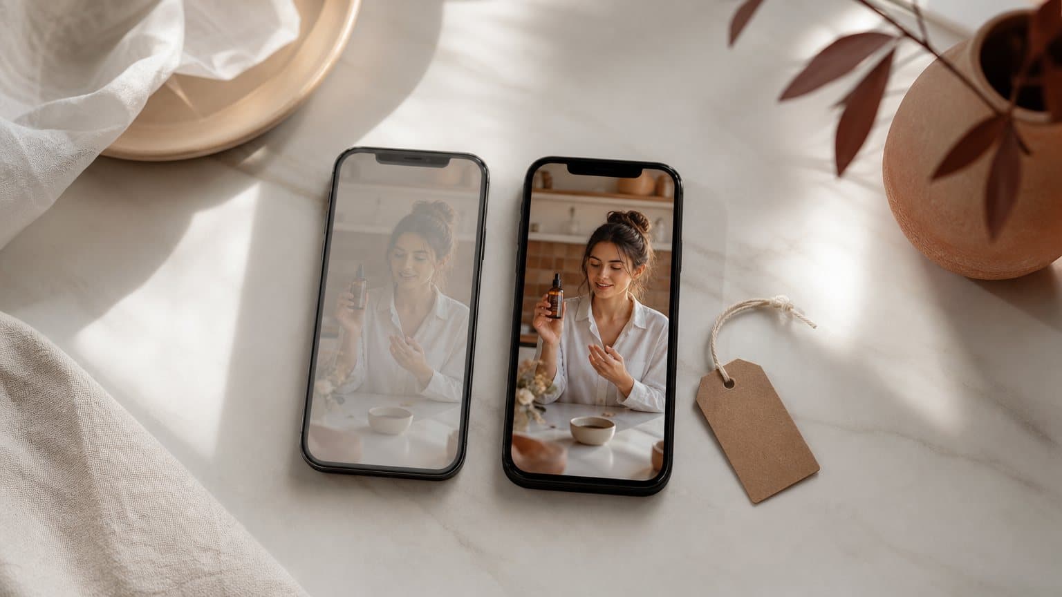 Two phones on a marble table showing the same video of a woman holding an amber serum bottle in a kitchen, the left screen faded behind a frosted film and the right one sharp, beside a blank kraft price tag