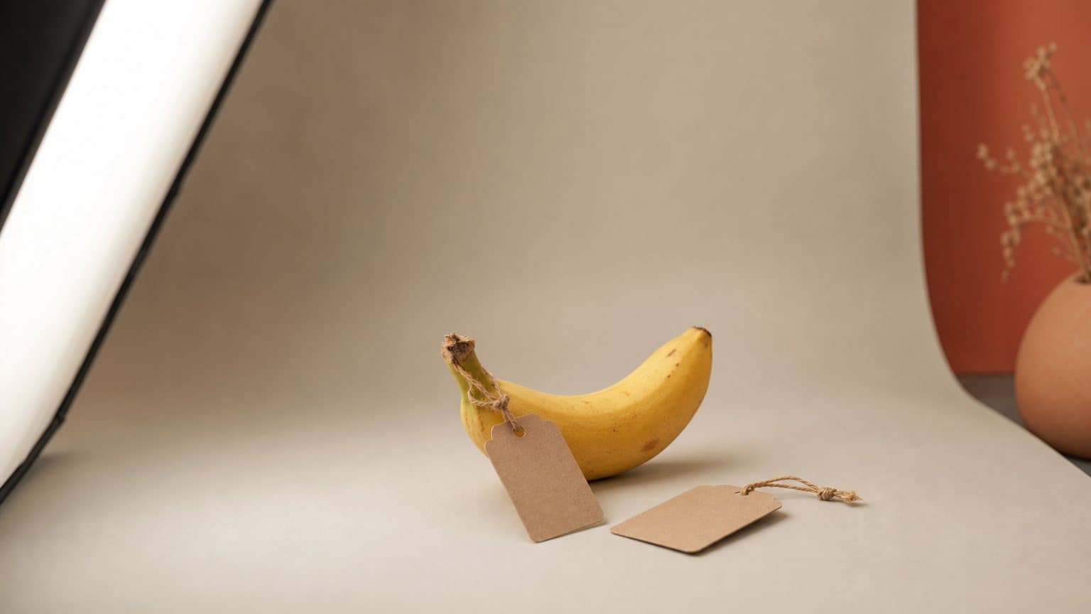 A ripe banana with a blank kraft price tag tied to its stem on a pale gray paper sweep, a second blank tag beside it and a softbox glowing at the left edge