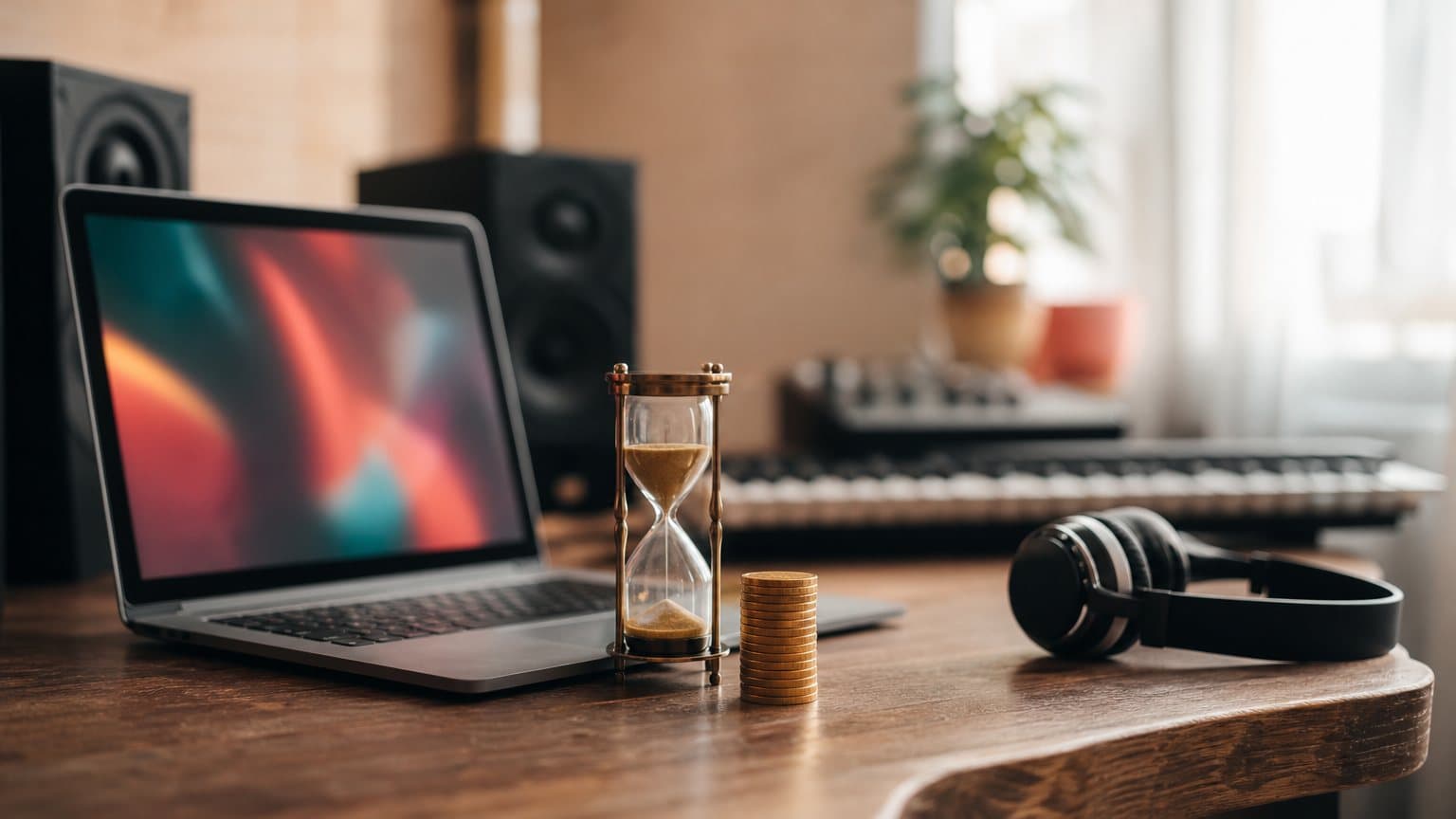 A brass hourglass and a stack of gold coins on a home studio desk, beside headphones, a keyboard and a laptop showing a blurred, colorful music video frame