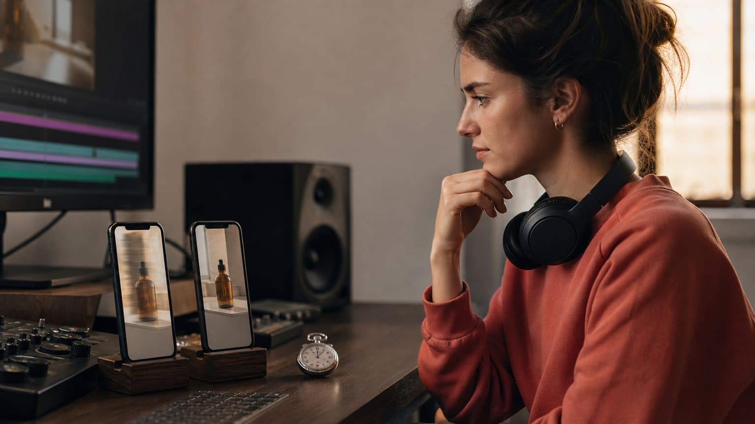A video editor comparing two phones that play the same serum bottle ad rendered by two different AI video models
