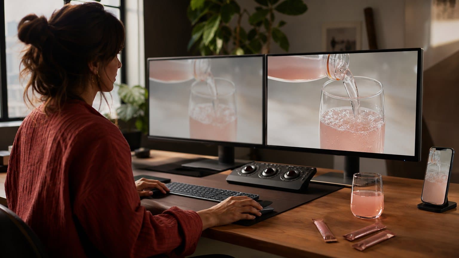 An ad producer comparing a soft and a sharp version of the same drink-pour clip on two monitors, with a vertical cut playing on a phone