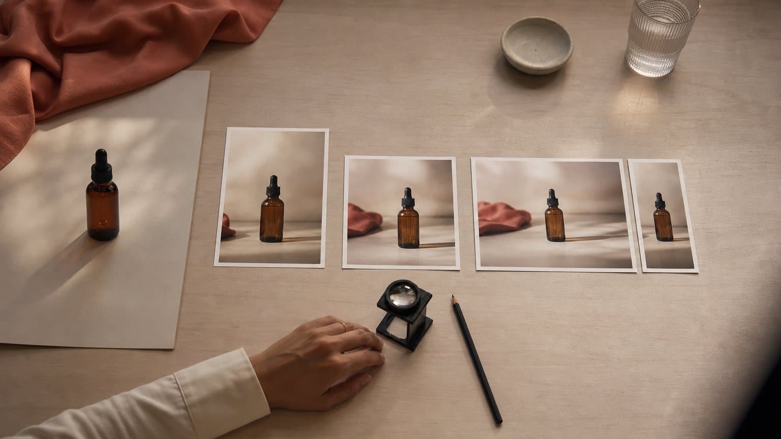 Four paper crops of the same product photo laid out on a designer's desk in different aspect ratios