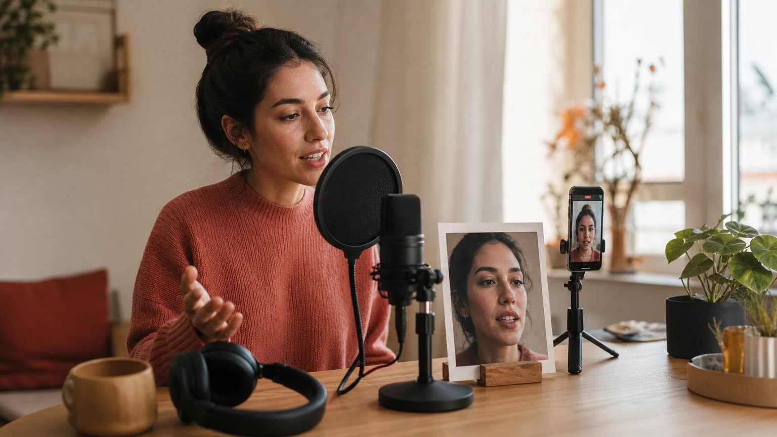 A marketer recording a voiceover at a desk microphone beside a printed portrait photo and a phone playing a talking video