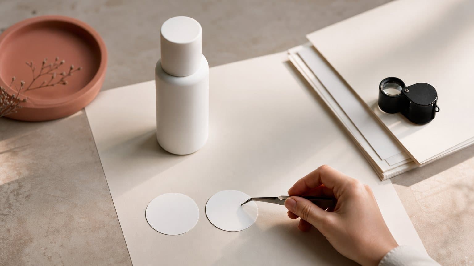 A designer inspecting blank ad proofs and blank price-badge stickers next to a product bottle with a loupe