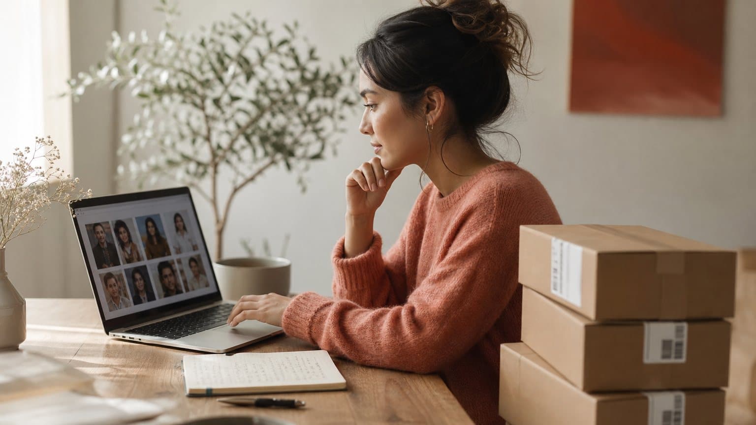 A marketer at a desk reviewing a long list of small creator profiles beside a stack of product boxes waiting to ship