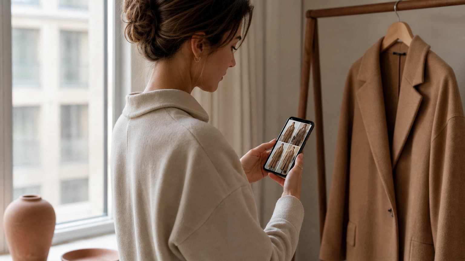 A woman by a window browsing a grid of vertical coat photos on her phone, with a camel wool coat hanging on a rack beside her