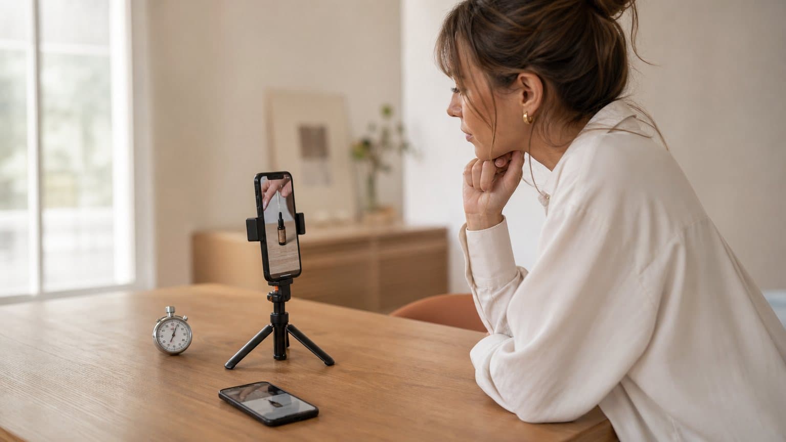 A marketer reviewing a vertical product ad on a phone with a stopwatch on the desk beside it