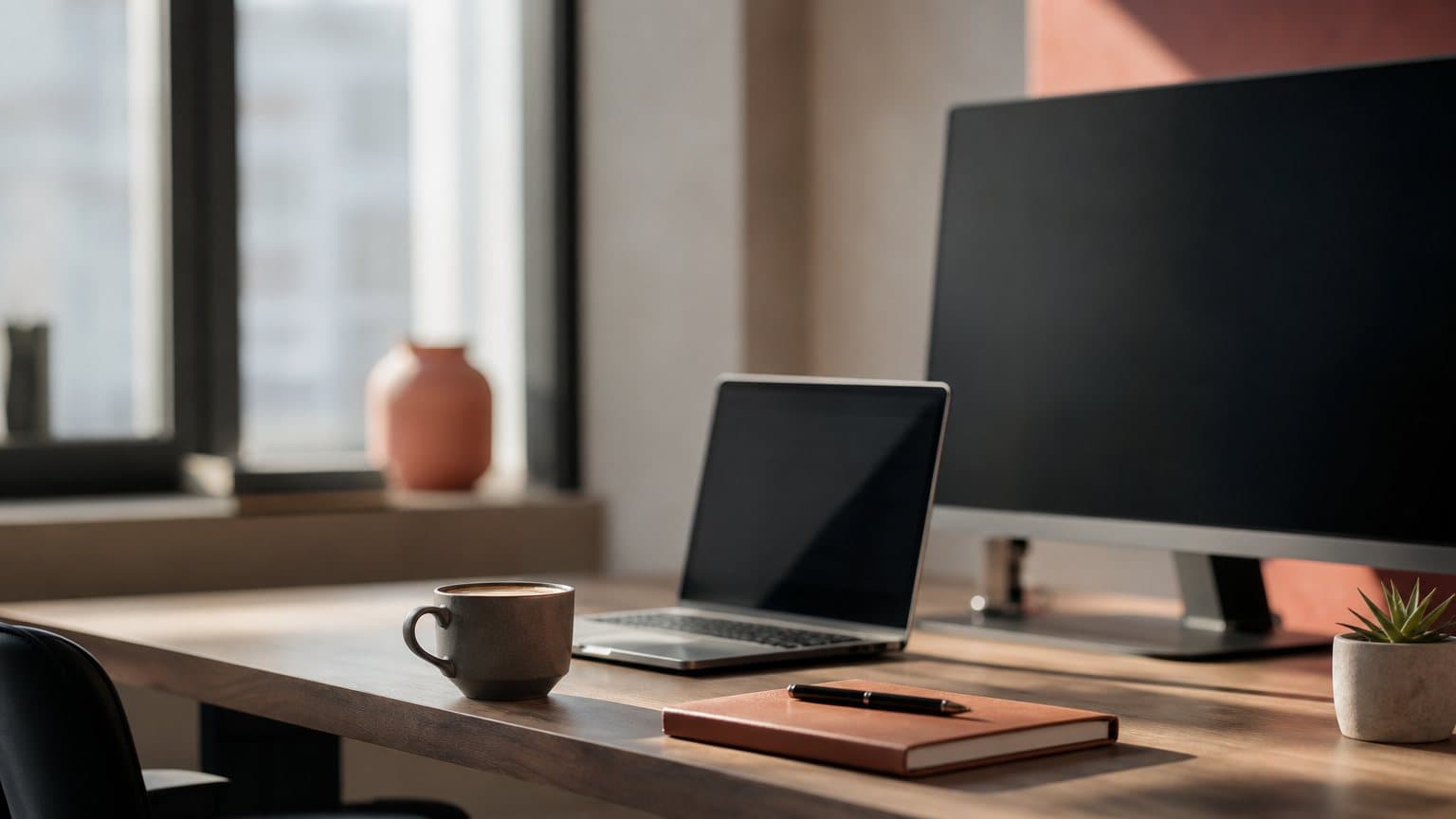 A paid media manager's desk at dawn with the big ads dashboard monitor switched off and a laptop open beside it