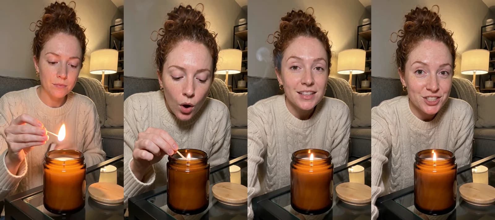 Four frames from the second of three candle hooks, where an AI-generated woman lights an unlabeled amber candle