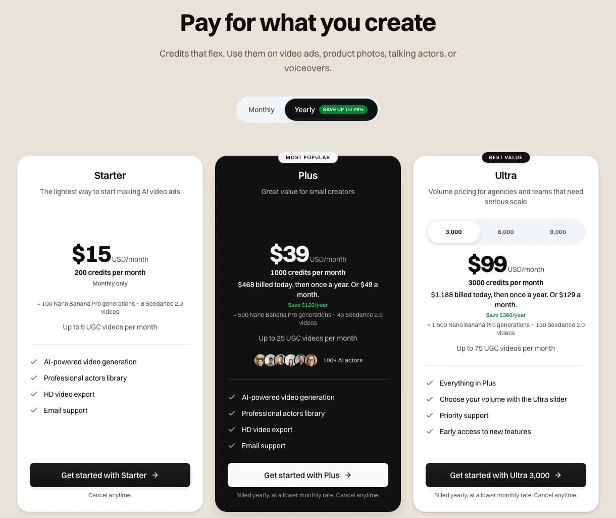 The novoads.ai pricing page on yearly billing: Plus at $39 a month billed $468 a year, Ultra at $99 a month billed $1,188 a year