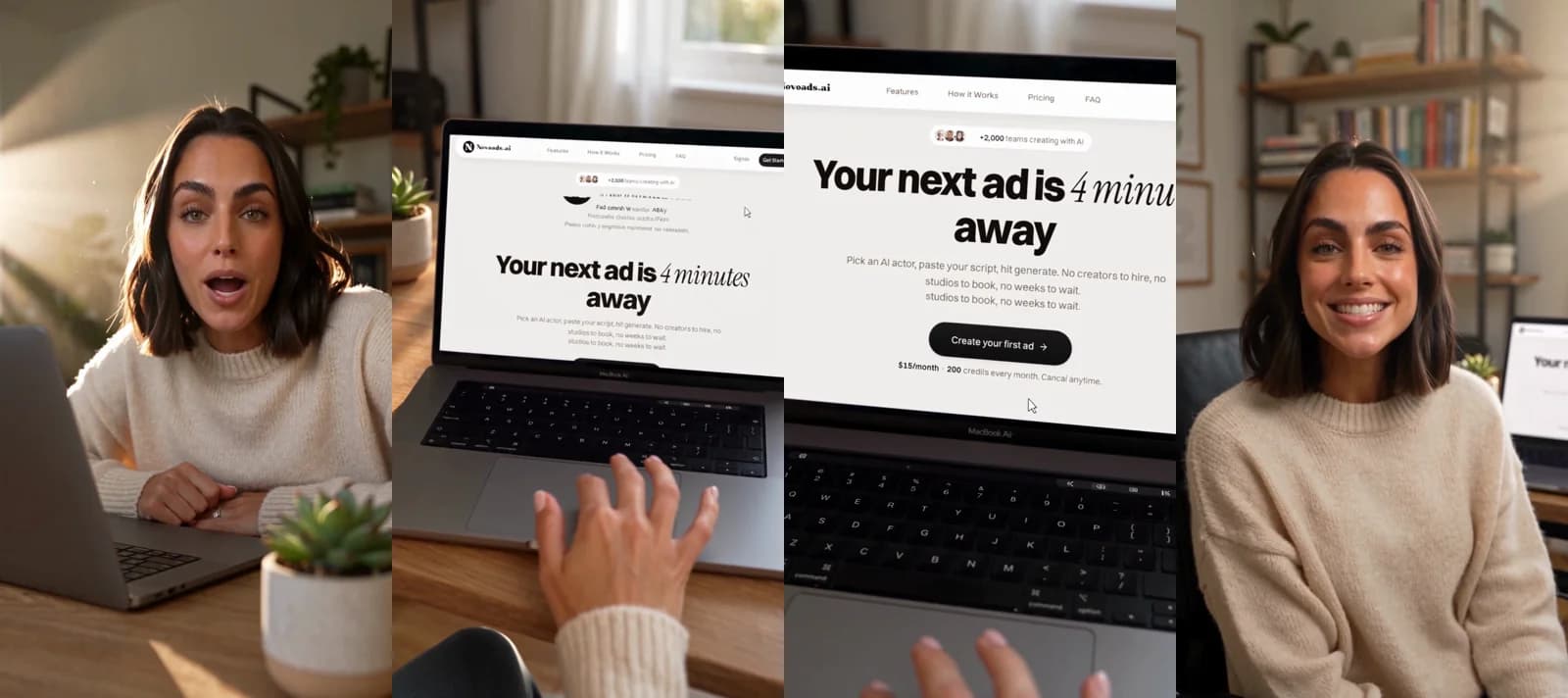 Four frames from a 15-second Seedance 2.5 ad: a woman at her desk opens the Novoads site on her laptop, clicks Create your first ad and turns back to the camera