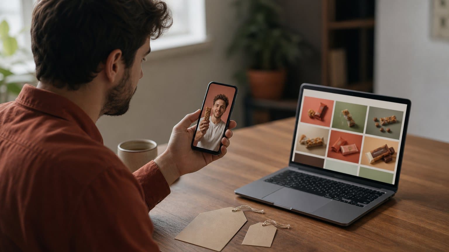 A generated photo of a marketer at a wooden desk holding a phone that plays a vertical snack-bar ad, beside a laptop showing a grid of snack ads and two blank kraft price tags
