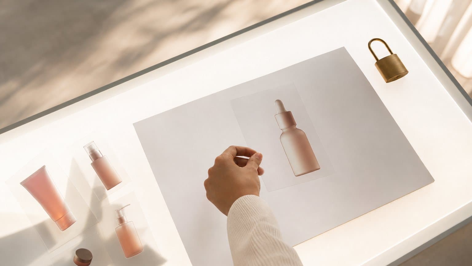 A designer places a transparent cut-out of a serum bottle onto a layout on a light table, with a small closed padlock at the corner