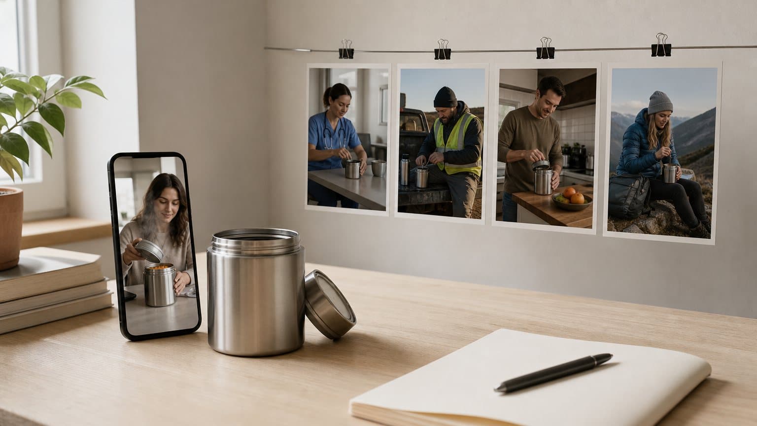 A marketer's desk with a phone playing a vertical ad of a steaming steel lunch jar and printed stills of the same jar in different hands and places