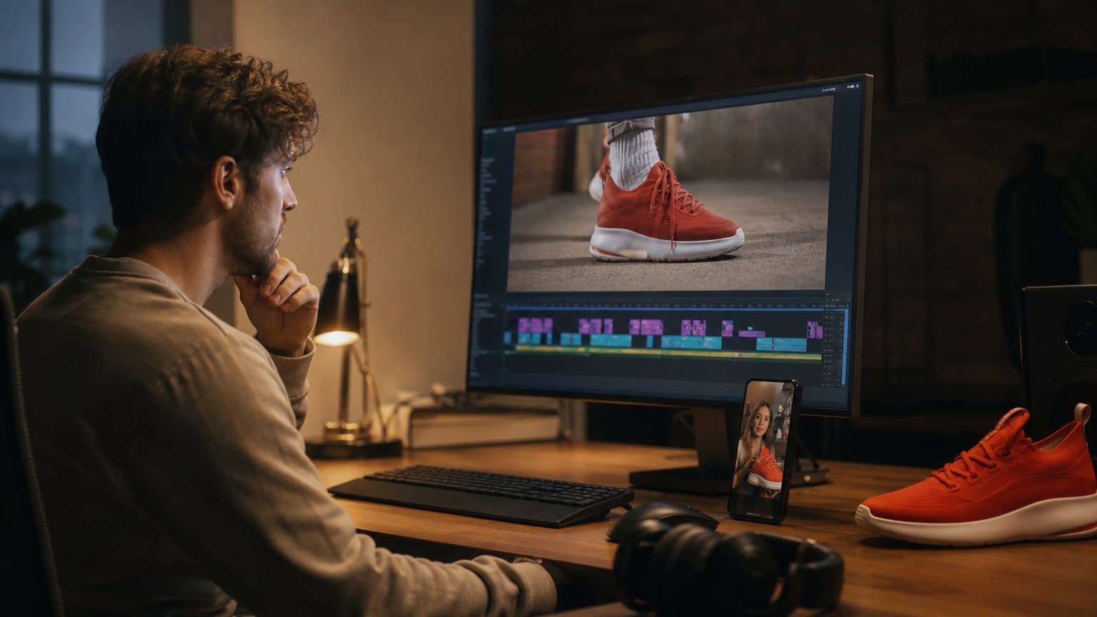 A video producer at an editing desk comparing a sneaker ad edit on a monitor with a vertical talking ad on a phone