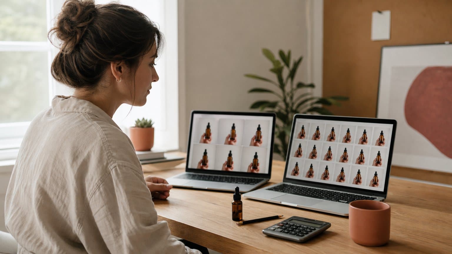 A marketer comparing two laptops that show grids of short vertical serum ad clips, one grid fuller than the other, beside a calculator and a serum bottle