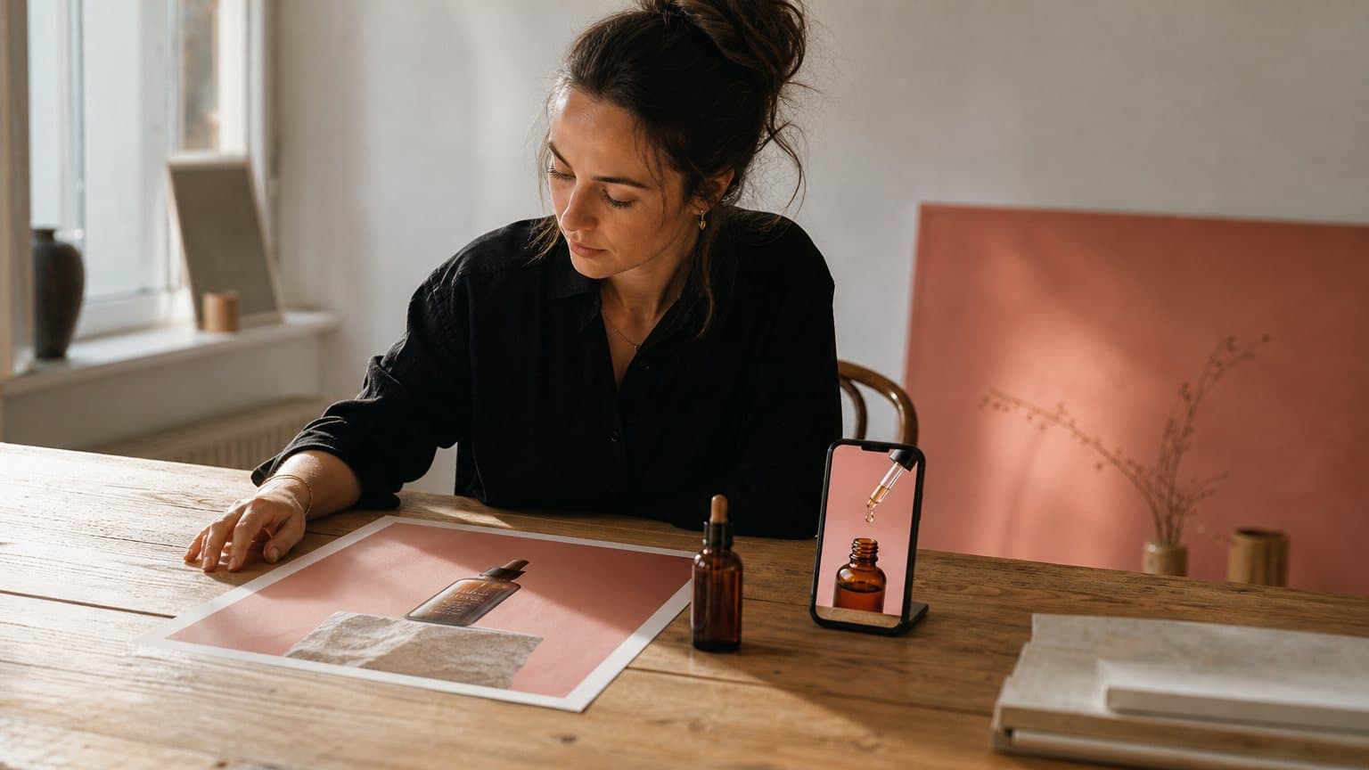 A creative strategist comparing a printed photo of a serum bottle with a phone playing a vertical video of the same bottle