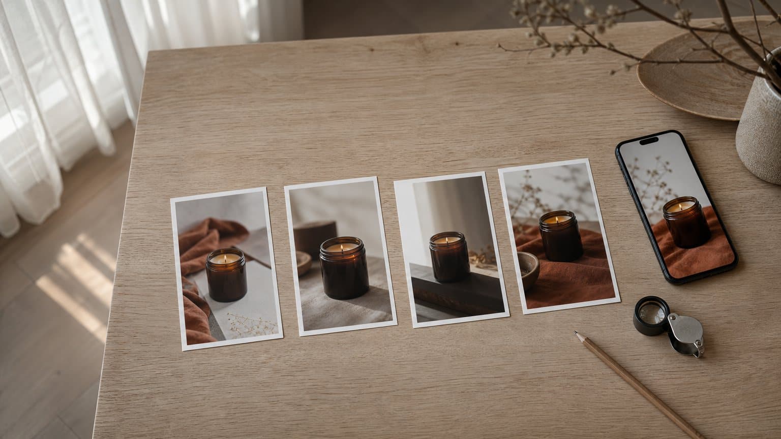 A generated photograph of four portrait product prints of an amber candle jar laid in a row on a wooden table beside a phone
