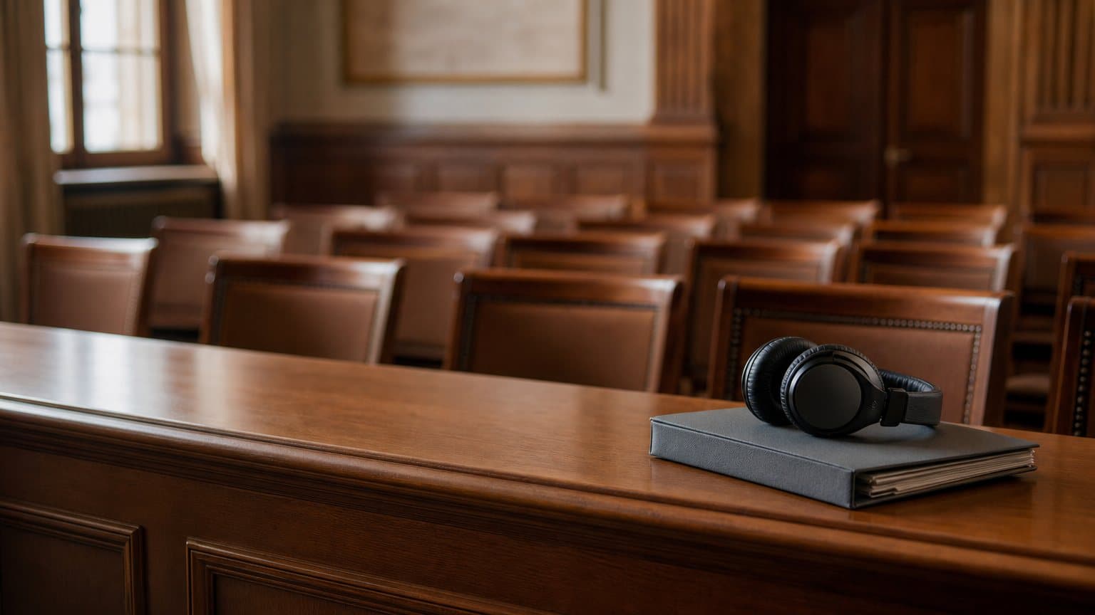 A pair of studio headphones resting on a closed case file on a courtroom bench