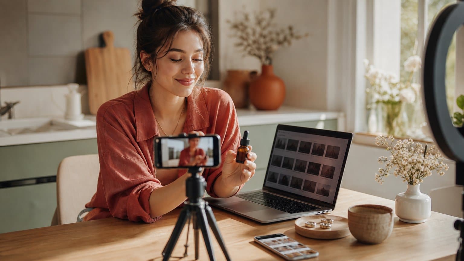 A creator filming a product video beside a laptop of untitled clips and a phone showing a follower grid