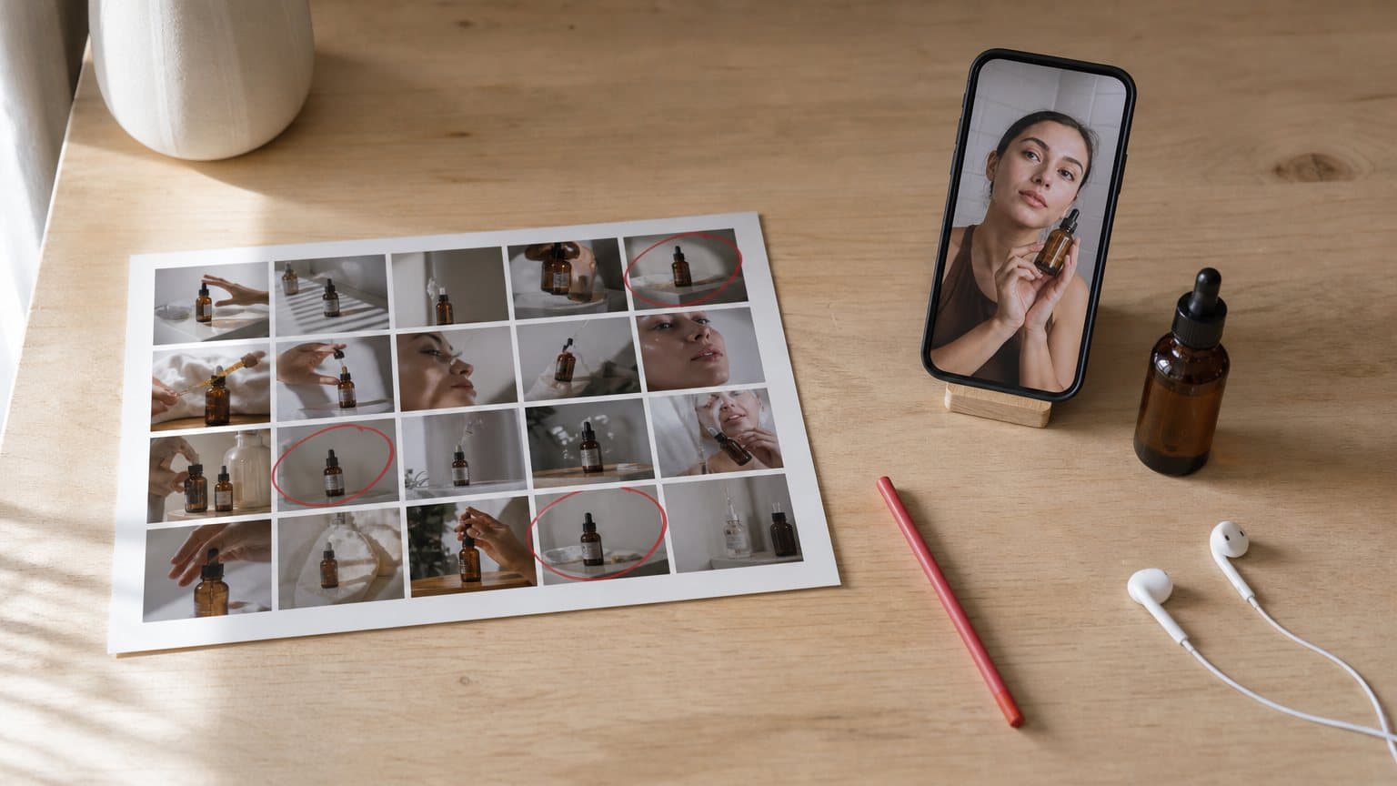 A contact sheet of many small video frames of one serum bottle on a desk, a few circled, beside a phone playing a vertical clip