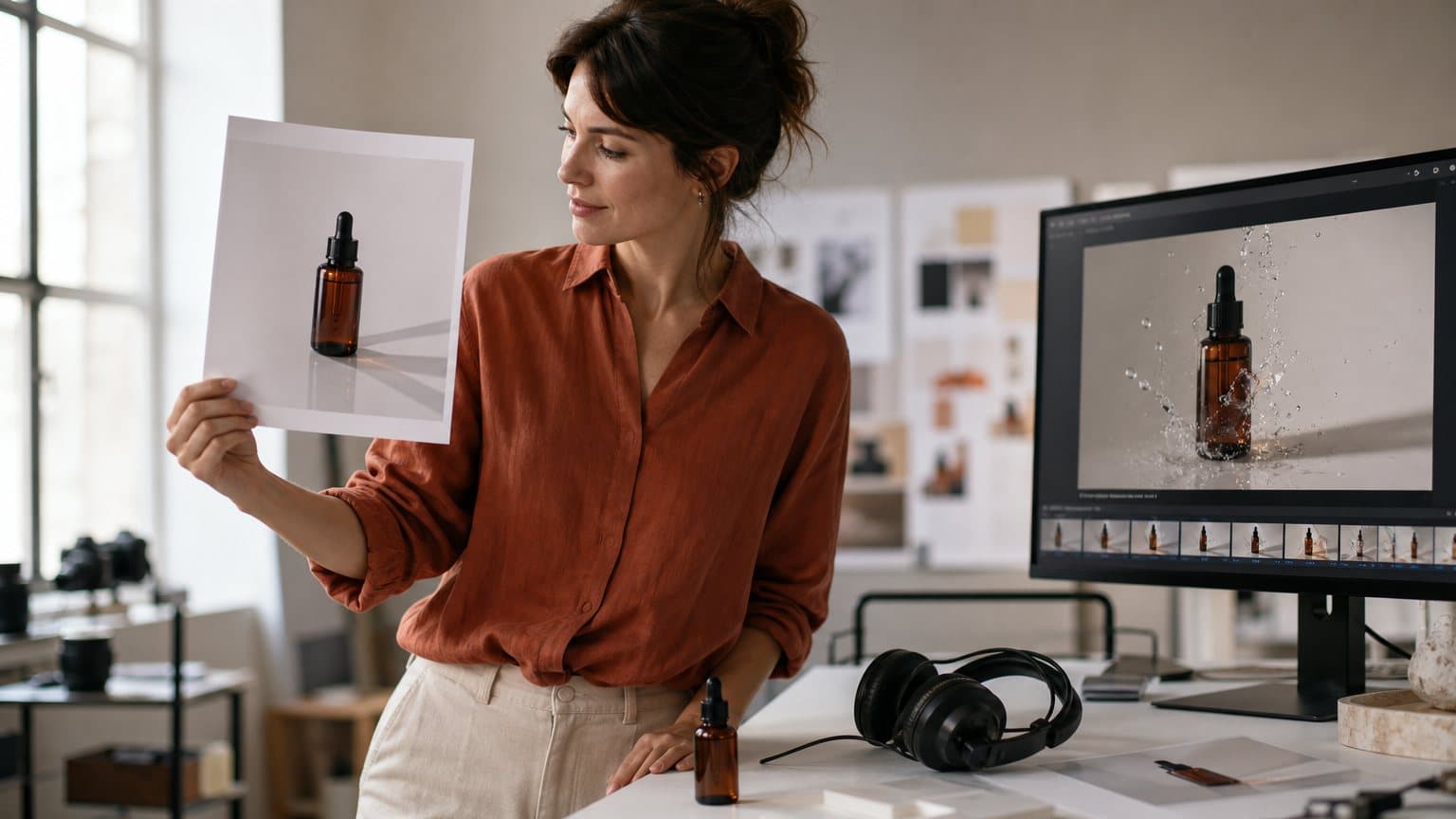 A creative director holding a printed still of a serum bottle beside a monitor showing the same shot as a moving clip