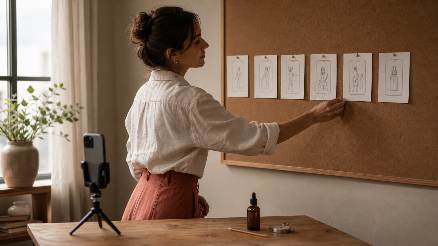 A creative planner pinning a row of hand-sketched vertical storyboard cards above a desk with a phone on a tripod and an amber serum bottle