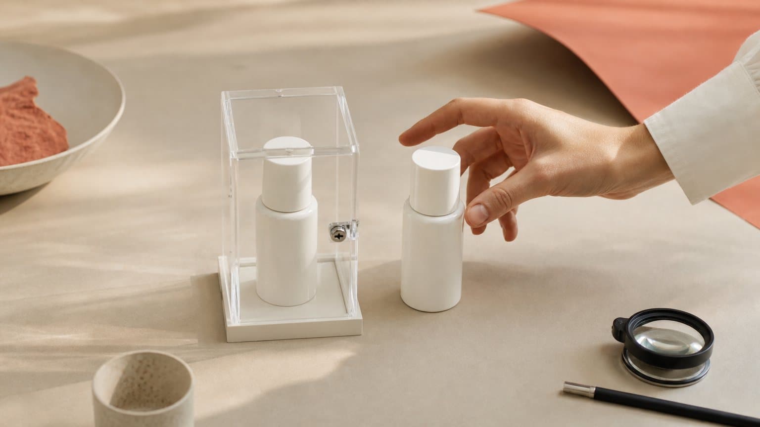 Two identical product bottles on a desk, one sealed inside a locked display case and one in the open, ready to pick up